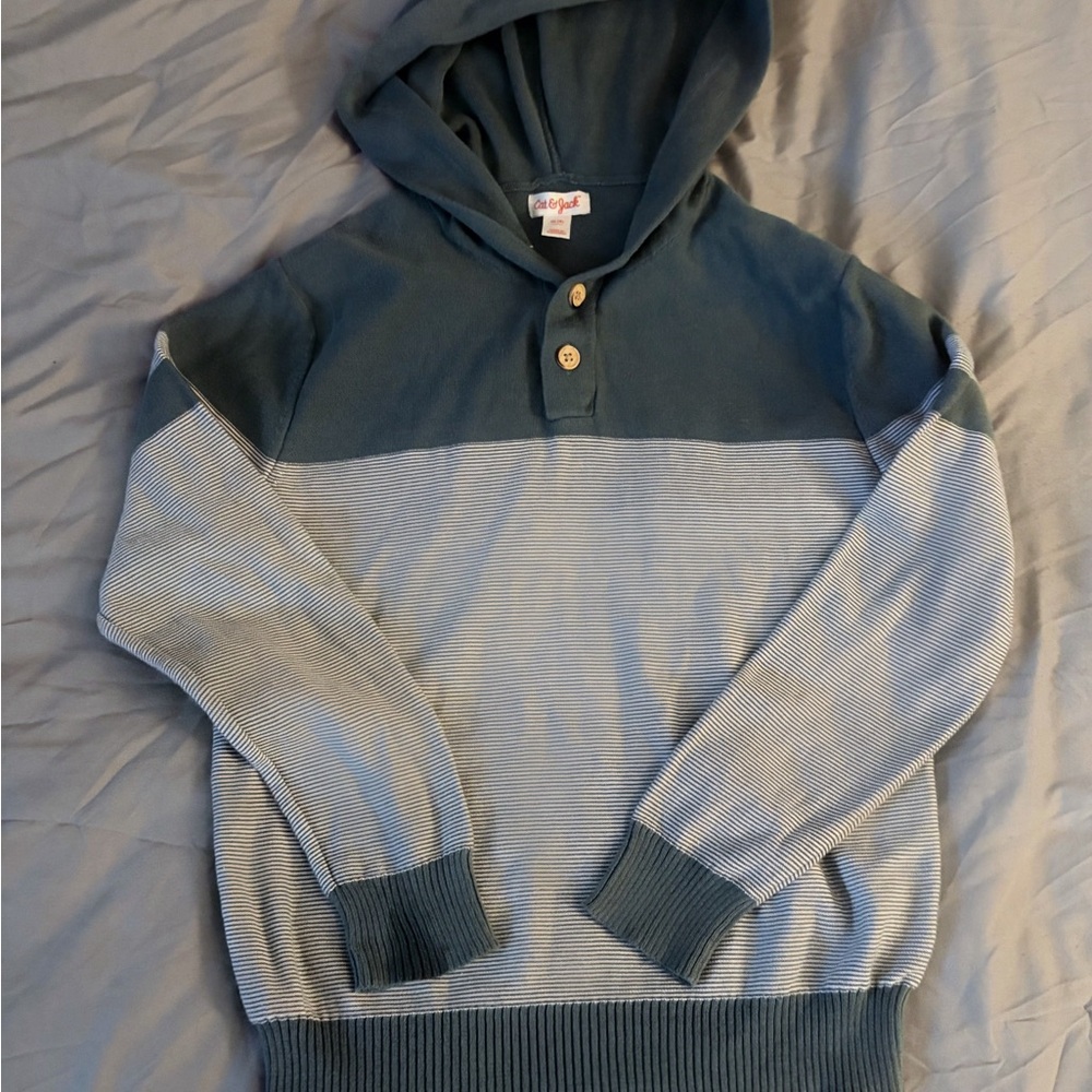 Cat & Jack Hooded Two-Tone Knit Pullover - Sage Green and White Striped